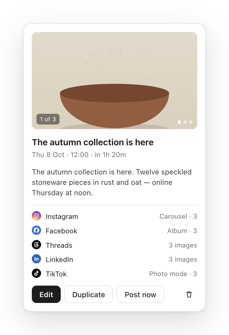 A post’s details: preview, time, and where it’s going